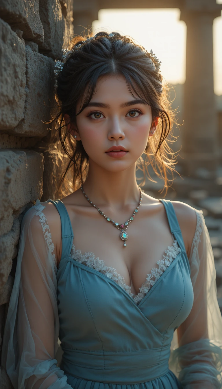 Woman adventurer at twilight among ancient stone temple ruins