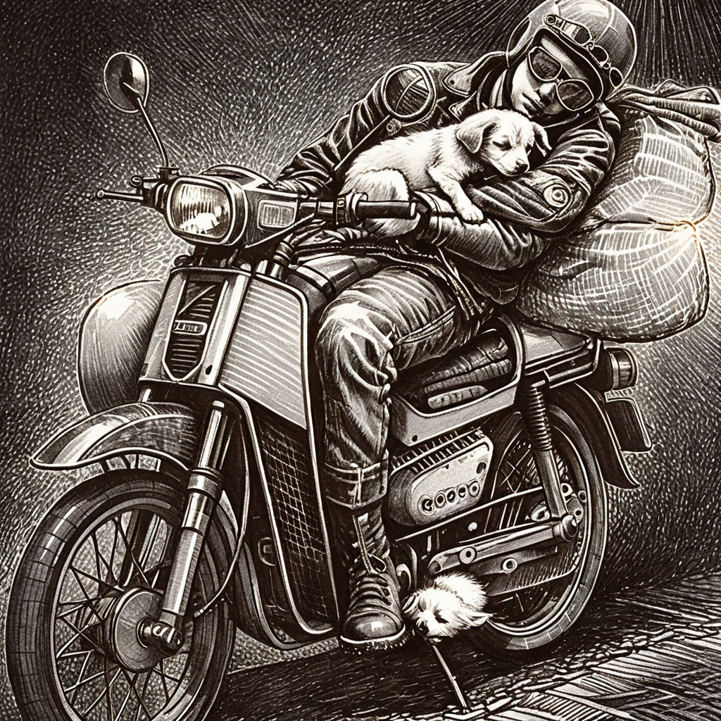 Motociclista cansado dormindo em moto vintage com filhote