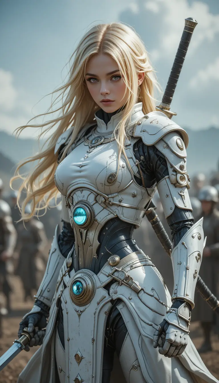 Cyborg-Kriegerin zieht ihr Katana auf dem Schlachtfeld