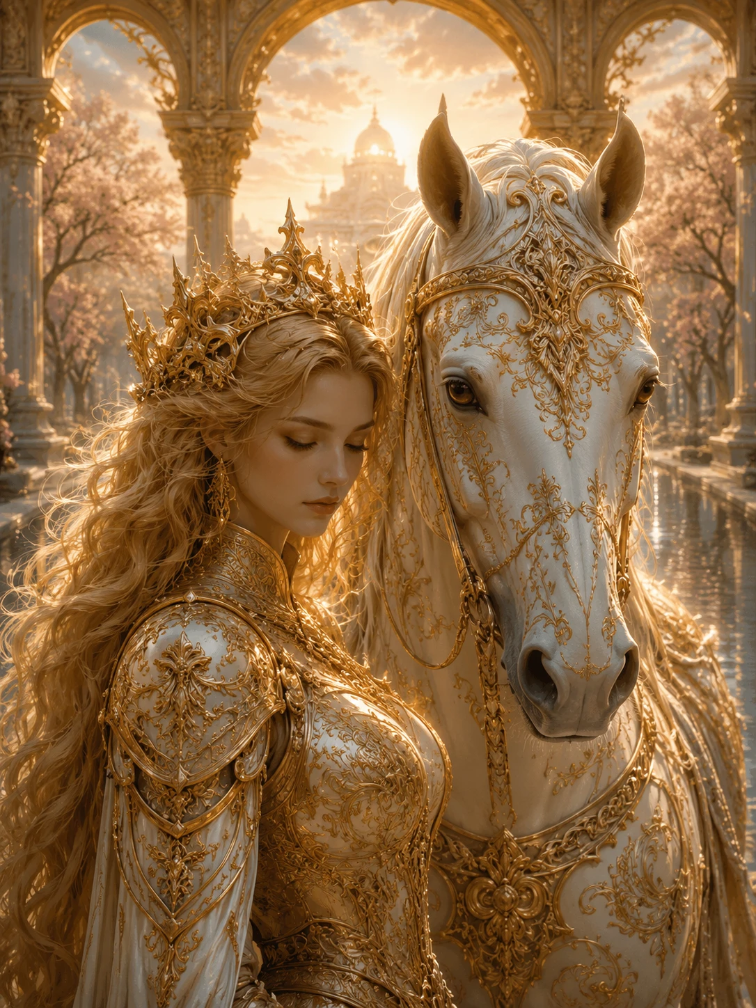 Regina in armatura dorata riflessa in uno stallone di porcellana