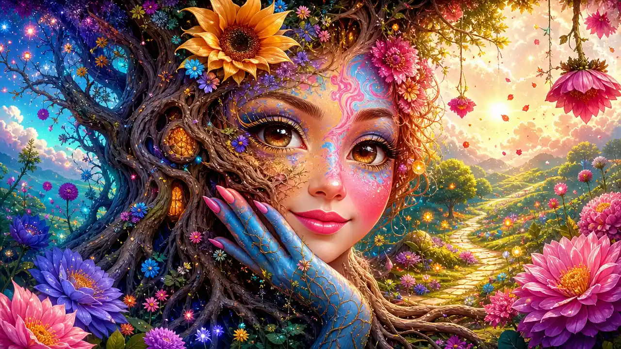 Donna kawaii surreale che si fonde con un albero antico