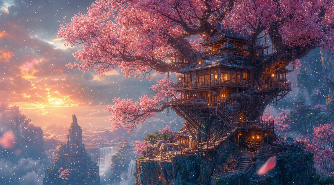 Prunkvolles Baumhaus in einem rosa Kirschbaum auf einer Klippe