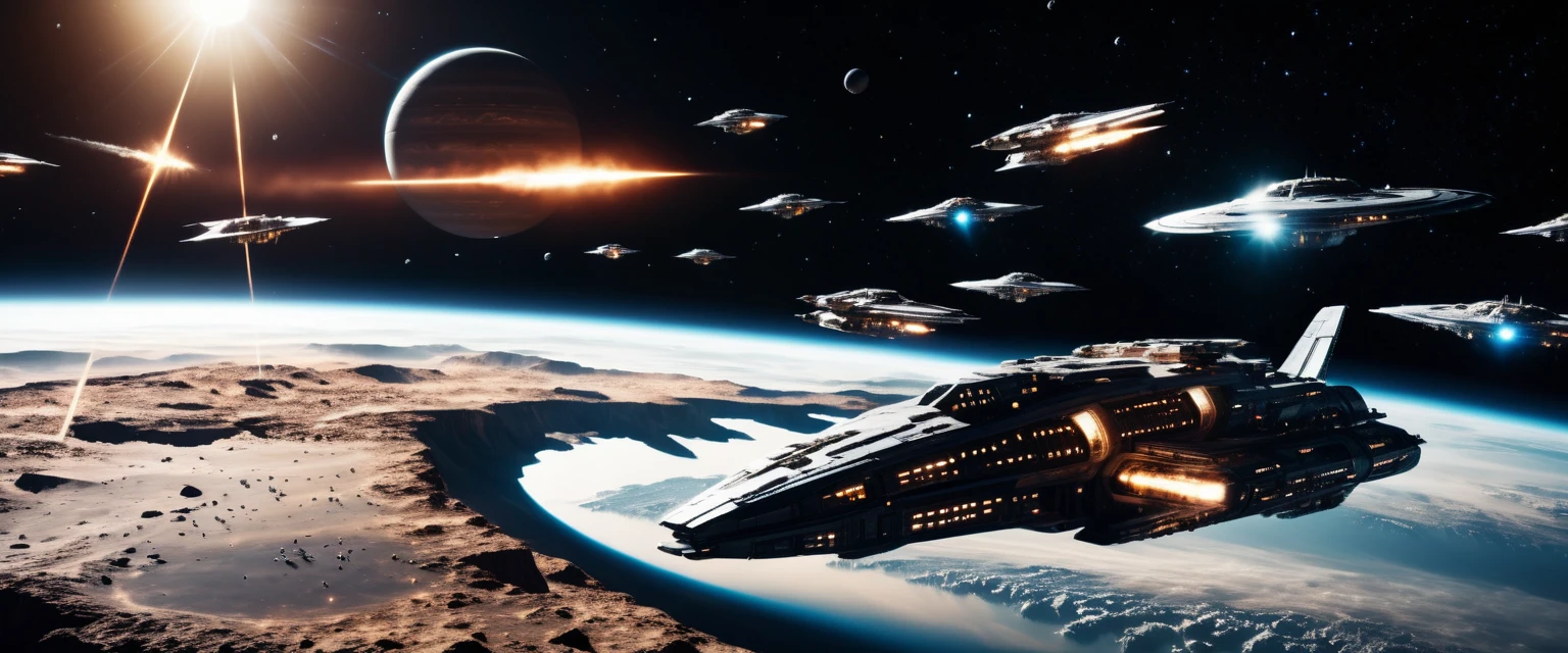 Vasta flota interestelar de naves espaciales futuristas sobre un planeta resplandeciente