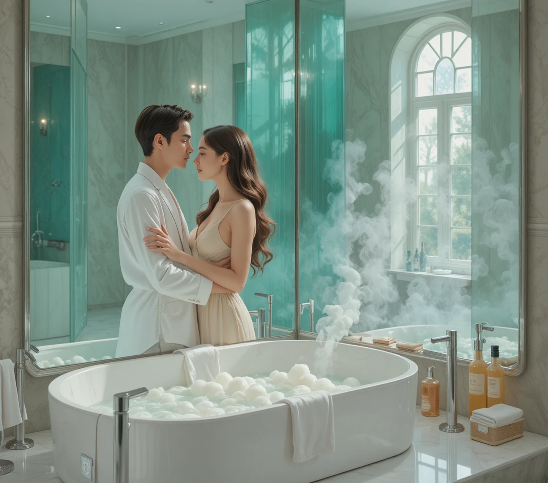 Pareja íntima reflejada en el espejo de un baño moderno