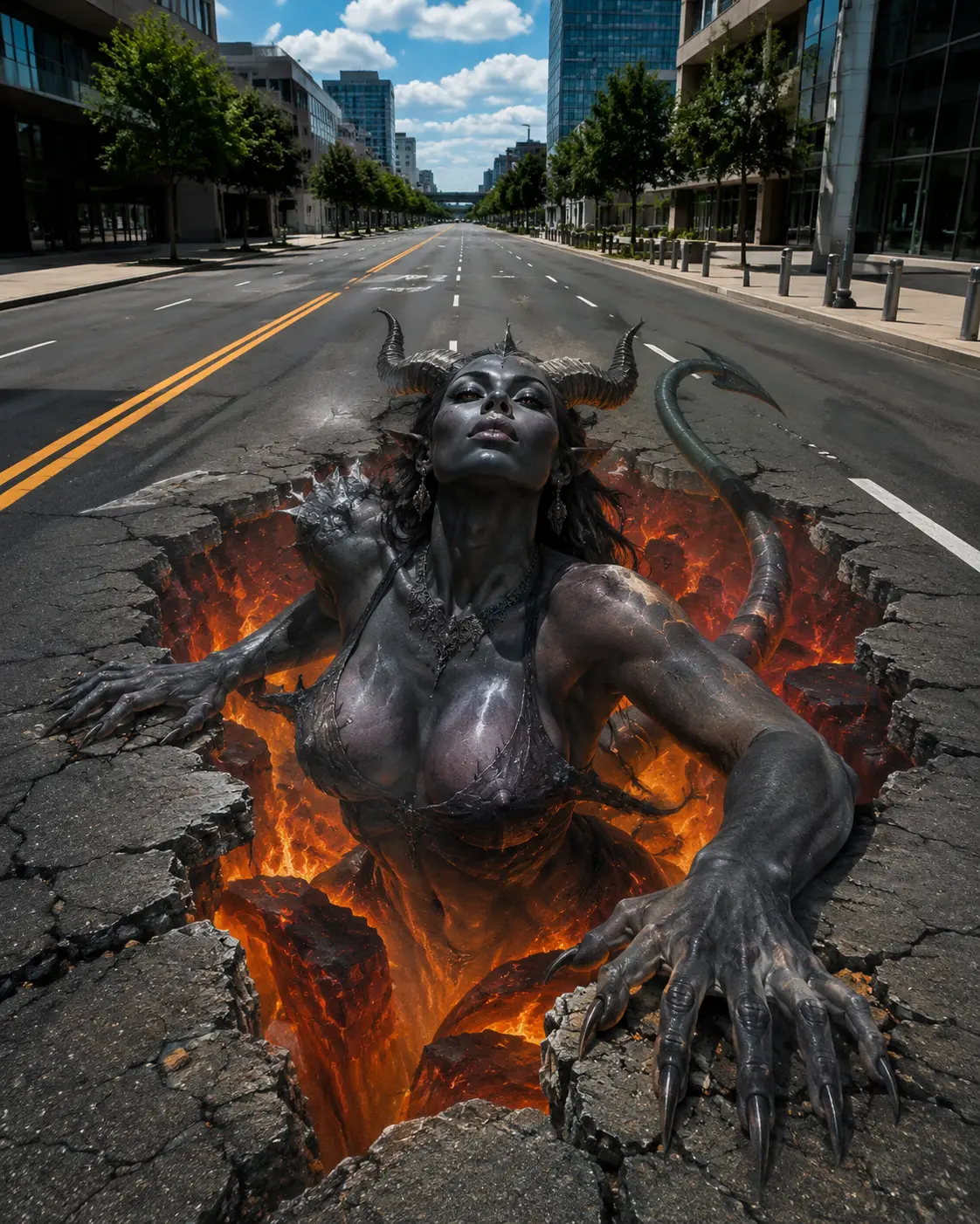 3D street art demon woman emerging from city asphalt