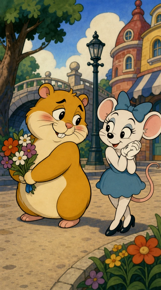 Hámster de dibujos animados enamorado de un lindo ratón blanco