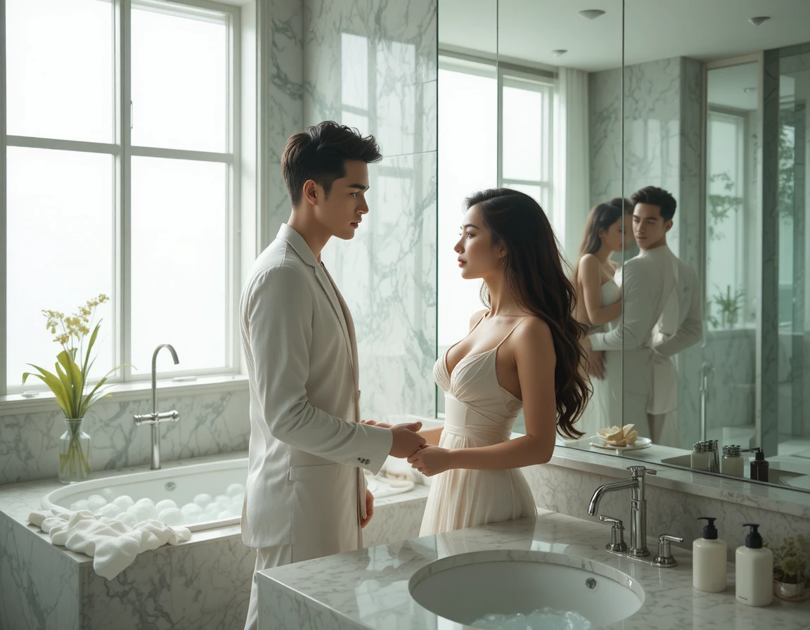 Casal íntimo refletido em espelho de banheiro moderno