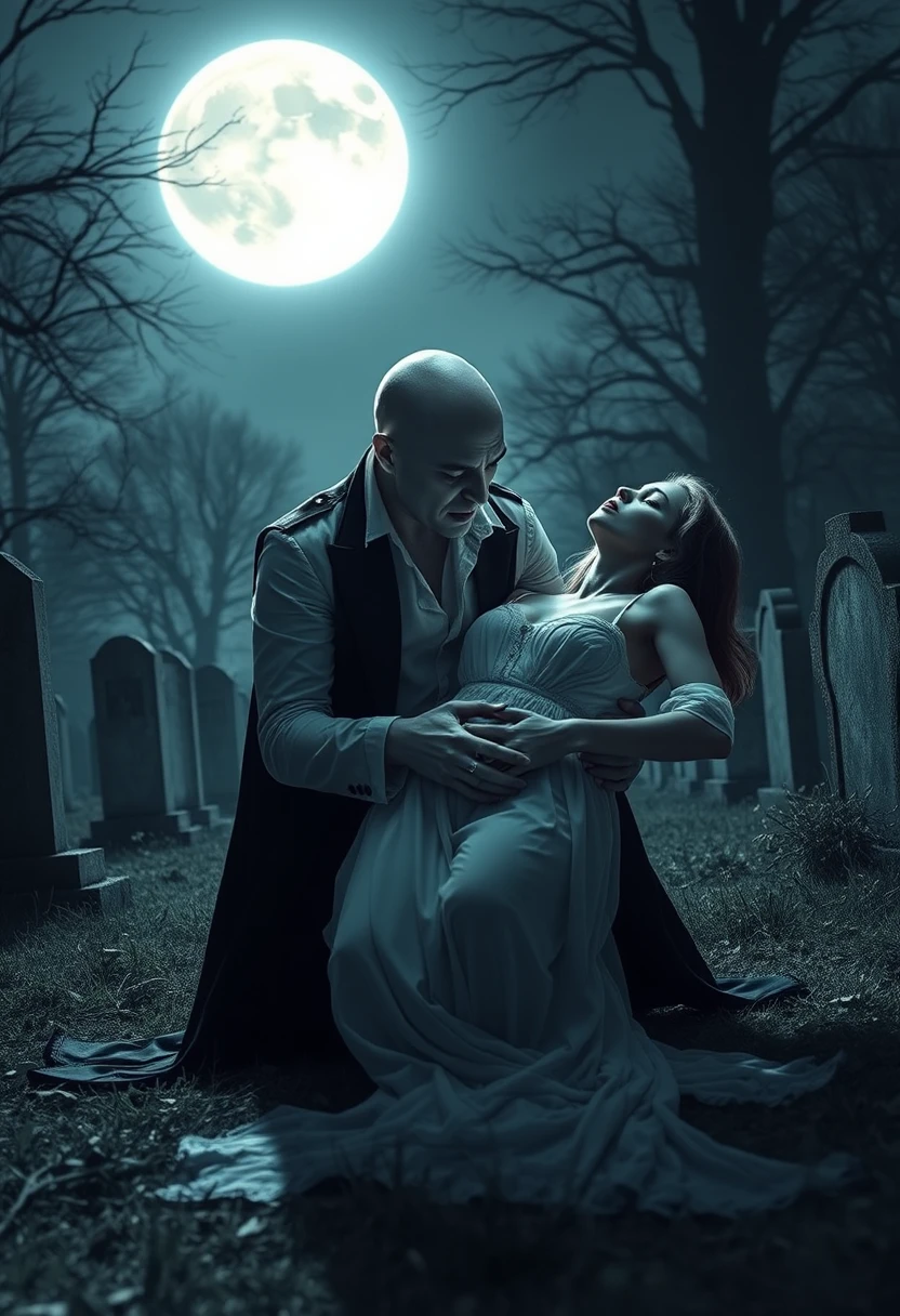 Vampiro che culla una donna addormentata in un cimitero al chiaro di luna