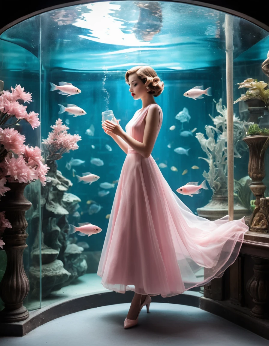Mulher elegante de vestido rosa ao lado de aquário vintage
