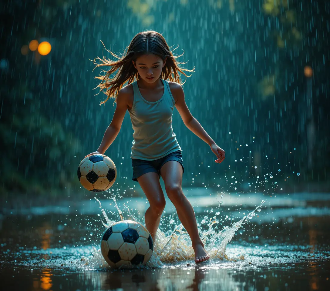 夏の雨の中、裸足でサッカーをする少女