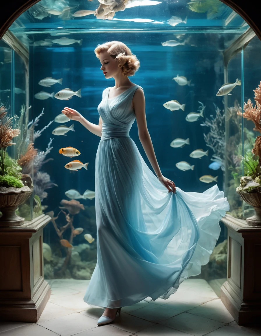 Femme élégante en robe vintage près d’un aquarium lumineux