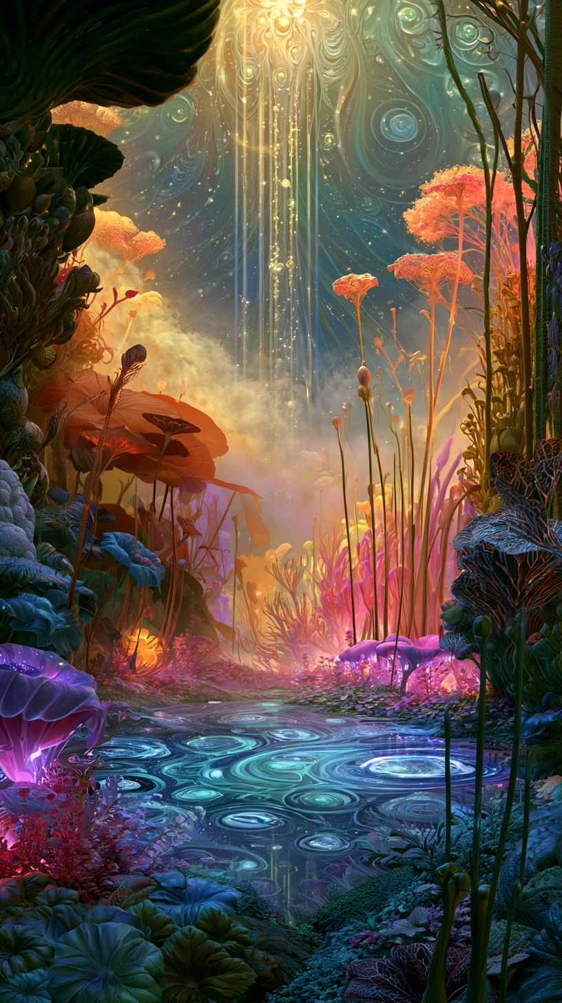Surrealer kosmischer Garten voller Sterne, Augen und Pflanzen
