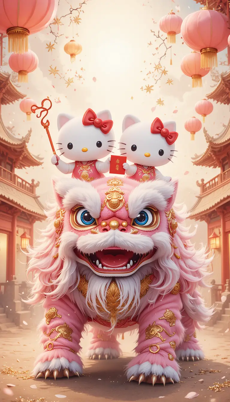 Cute cartoon cats riding a pink lion dance costume
