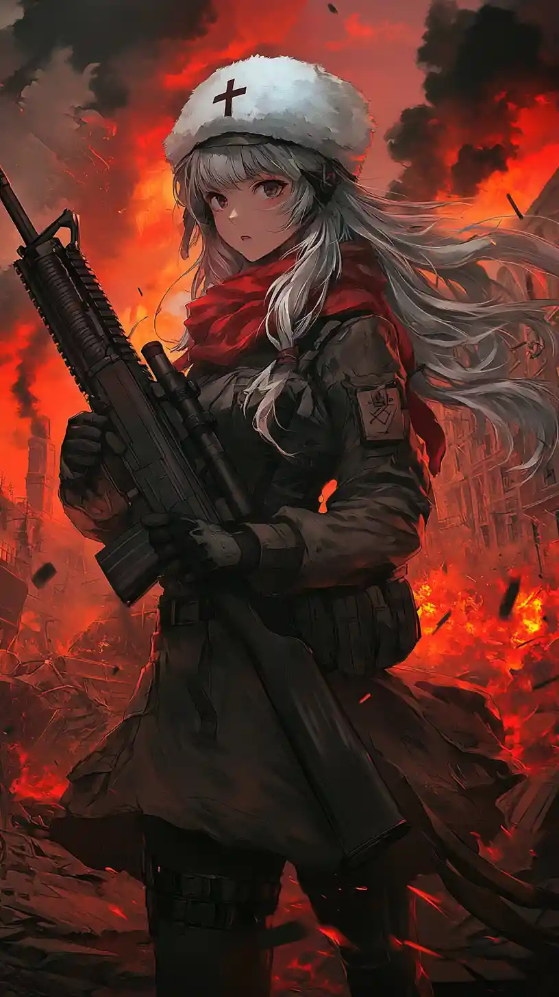 Anime-Mädchen zielt mit Gewehr in einer zerstörten Kriegszone