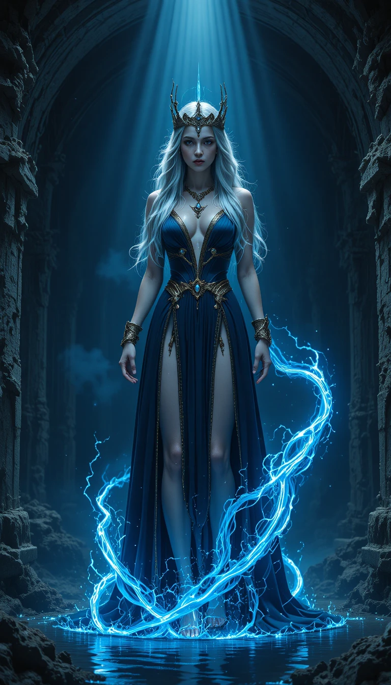 Silver haired amazon warrior in a dark fantasy cave