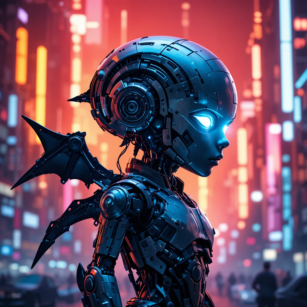 Perfil de ciborgue futurista com cidade em neon ao fundo