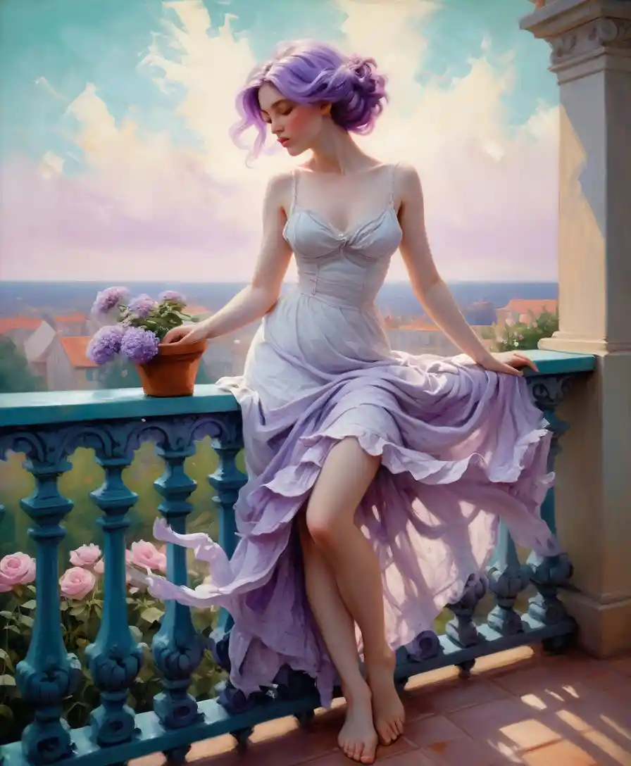 Donna dai capelli color lavanda su balcone in morbido impressionismo