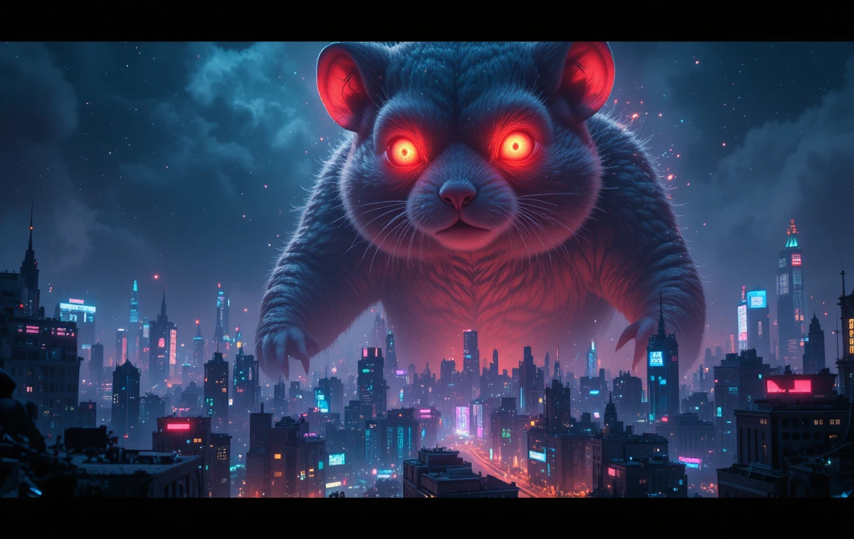 Divinité Hamster Colossale au-dessus d’une Ville Cyberpunk Néon