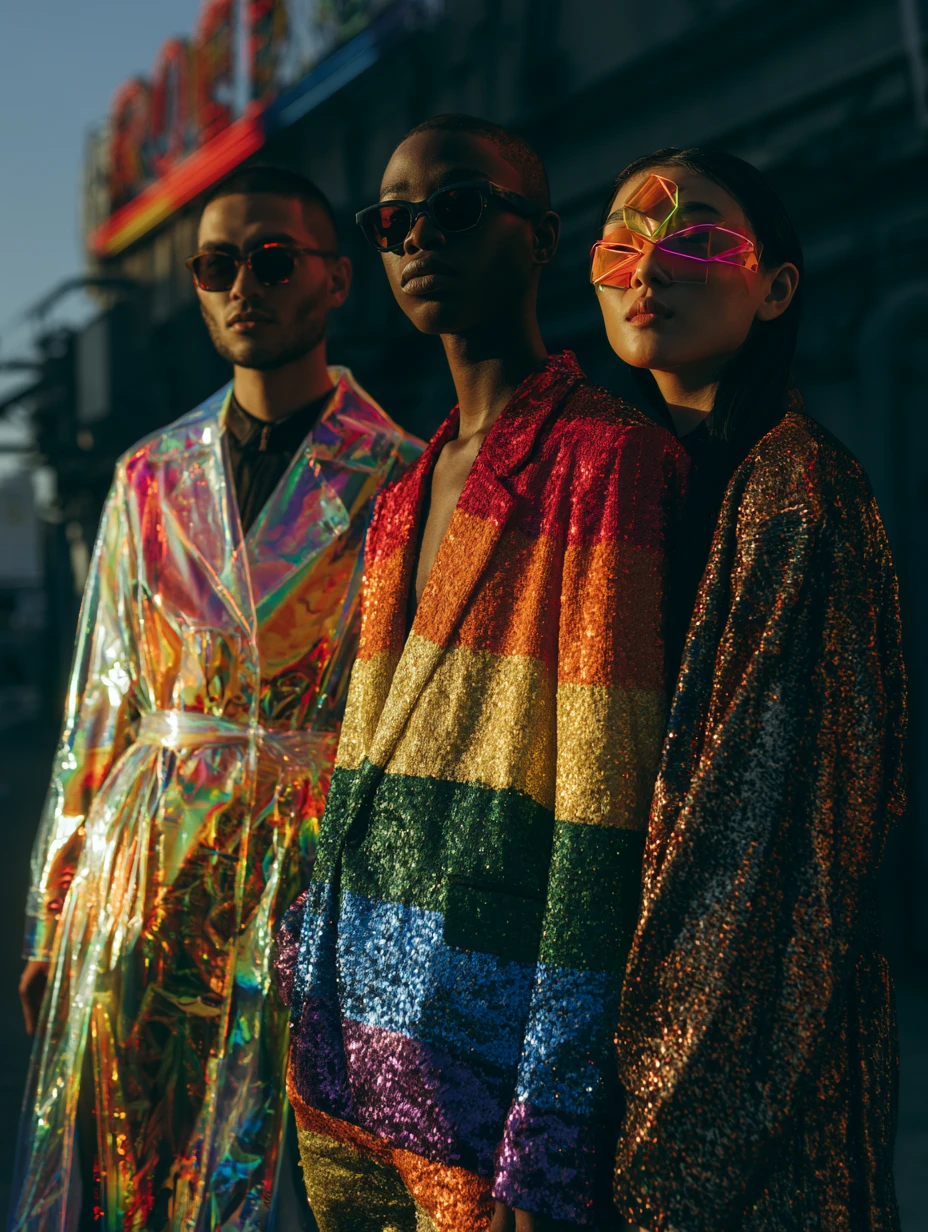 Modelos de moda Pride futuristas em rooftop urbano iluminado por neon