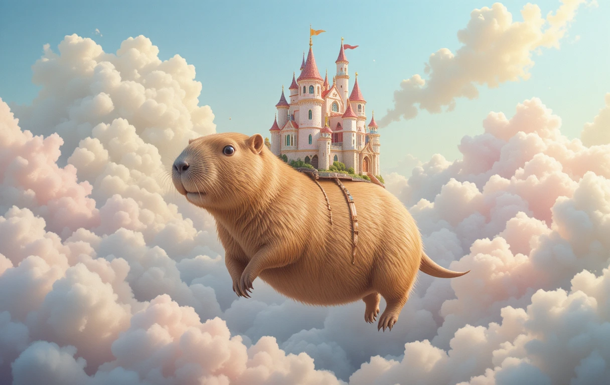 Capivara gigante flutuando por nuvens em tons pastéis com pequeno castelo
