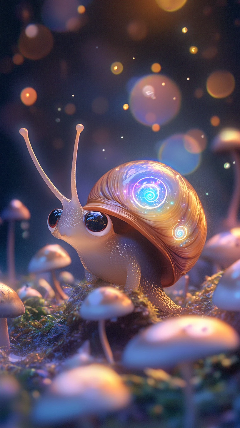 幻想的な森で光るキノコの上にいる小さな銀河カタツムリ