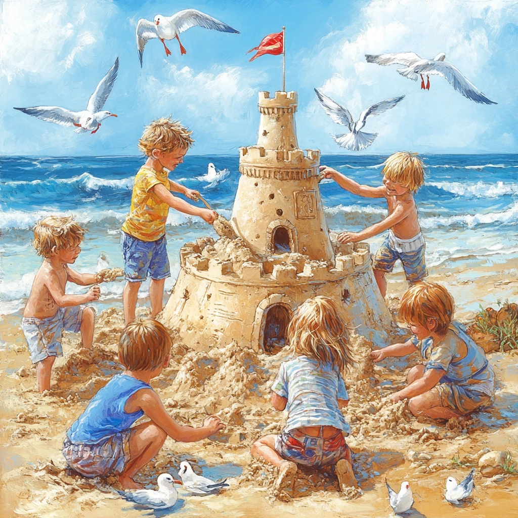 Enfants heureux construisant un château de sable sur une plage ensoleillée