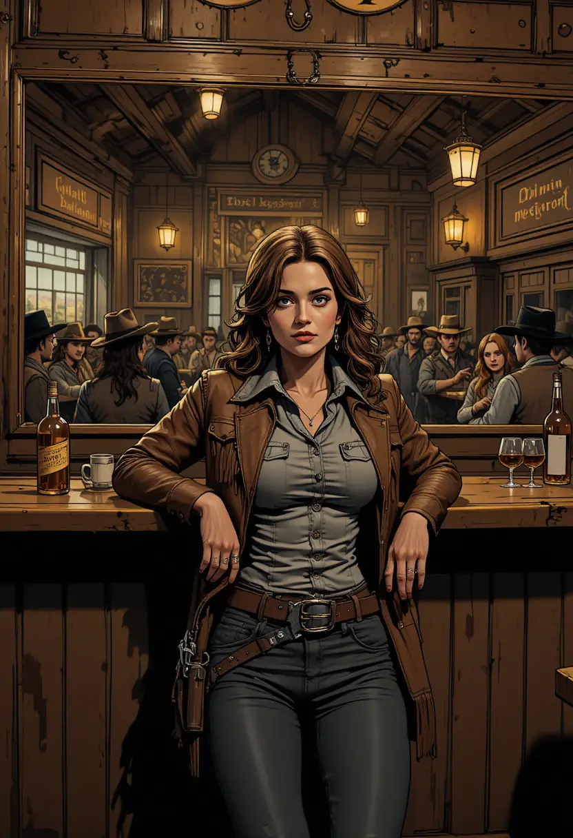 Cowgirl annoiata appoggiata al bancone di un saloon affollato