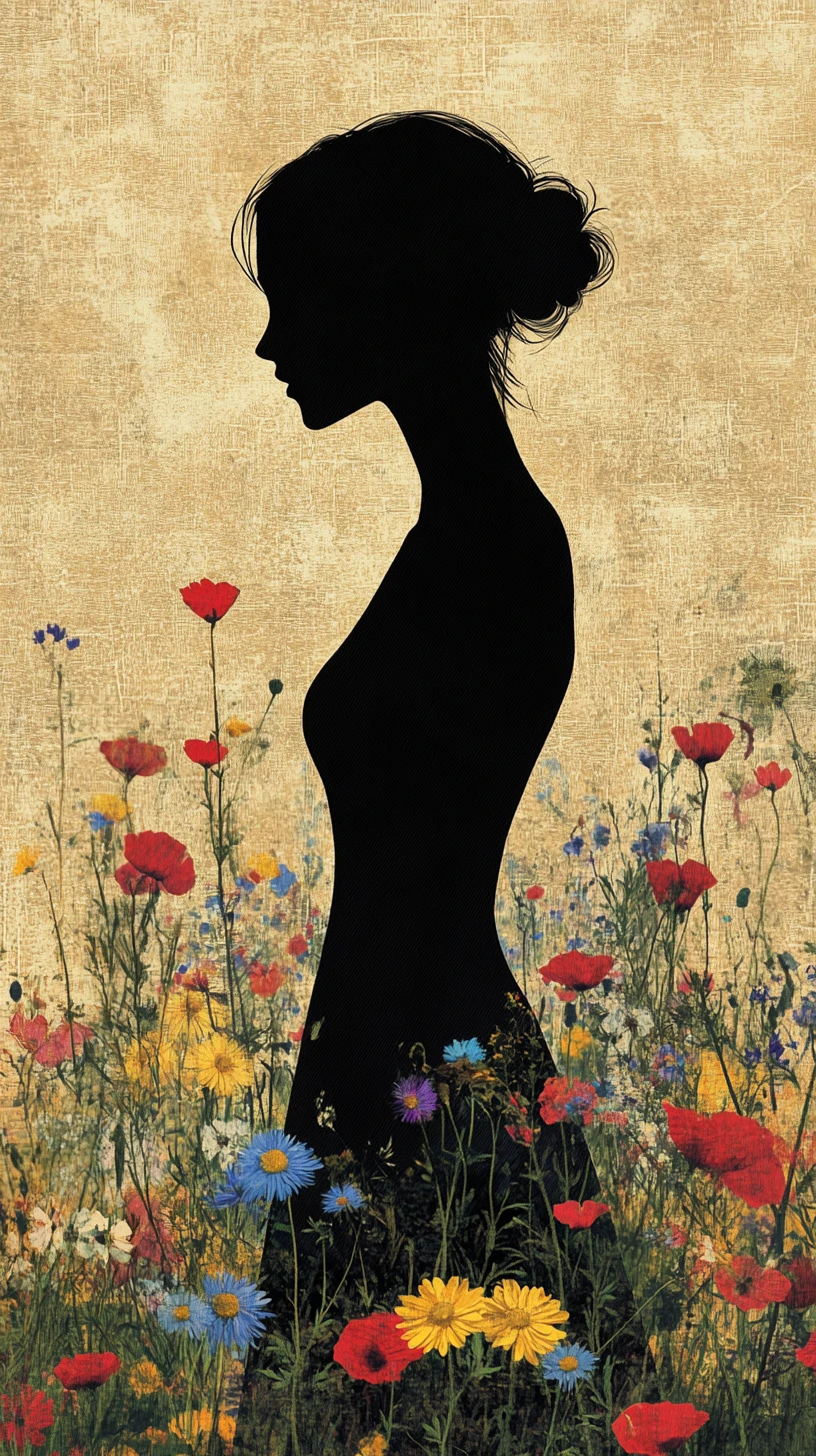 Silhouette di donna di profilo in un rigoglioso prato fiorito