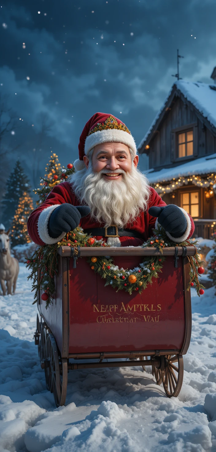 Babbo Natale sulla slitta davanti a una casa suburbana innevata