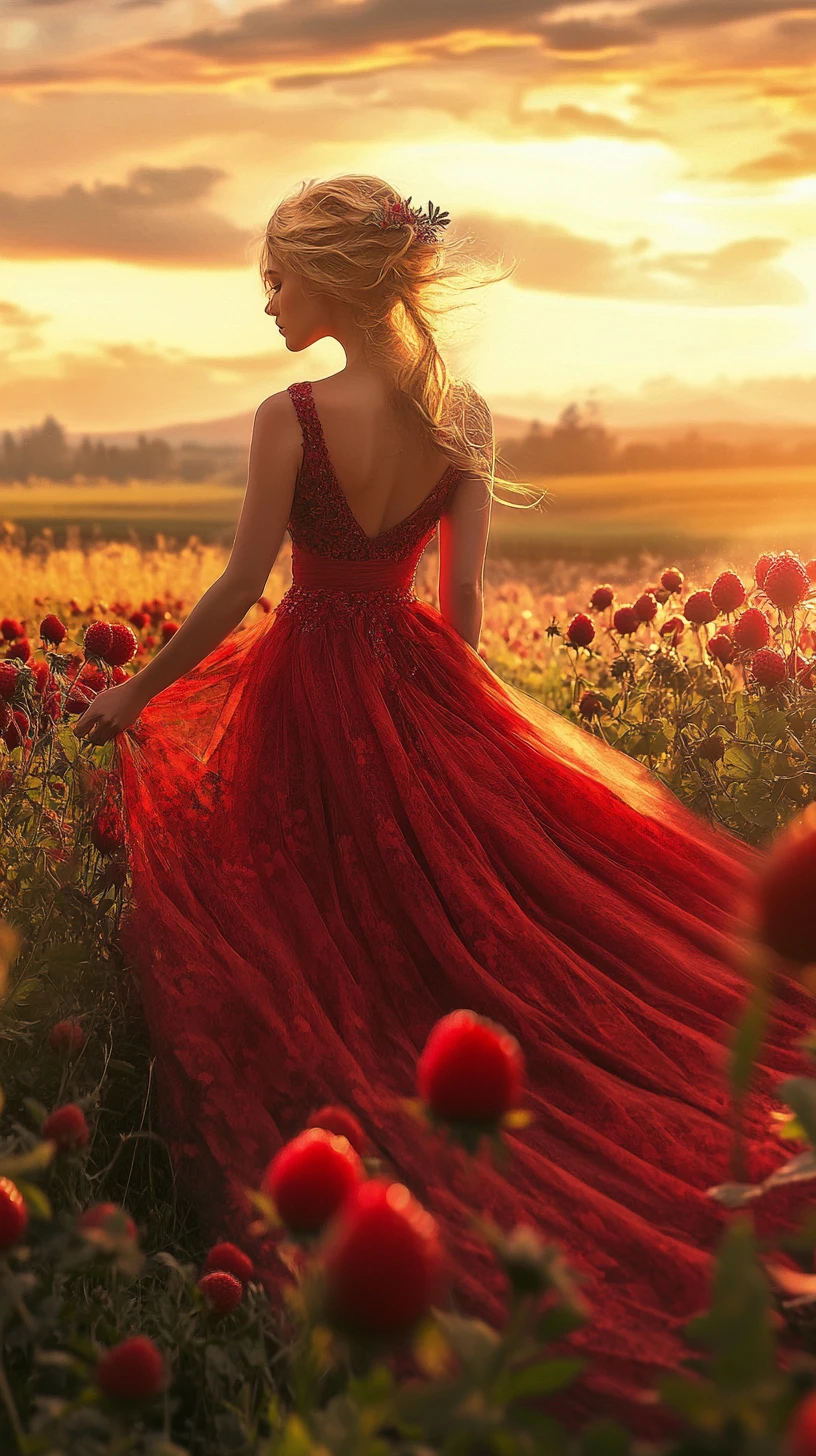 Mulher com vestido vermelho de morangos em paisagem ao pôr do sol
