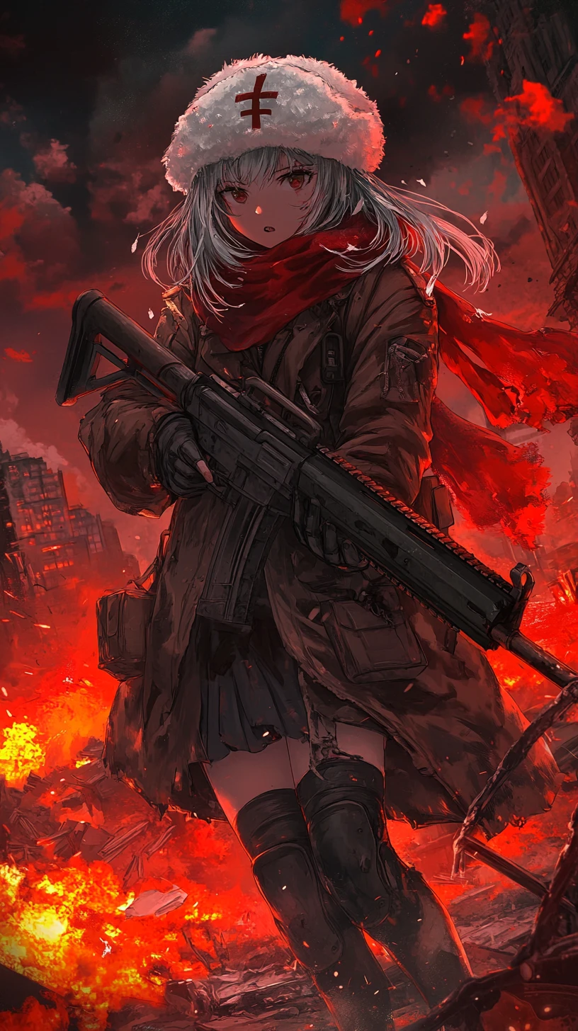Garota de anime mirando rifle em zona de guerra urbana em ruínas