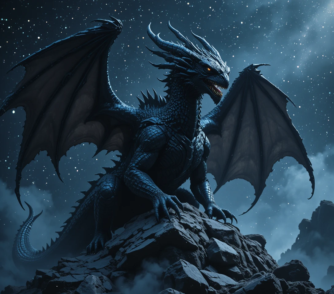 Himmlischer schwarzer Drache auf einem zerbrochenen Asteroiden im All