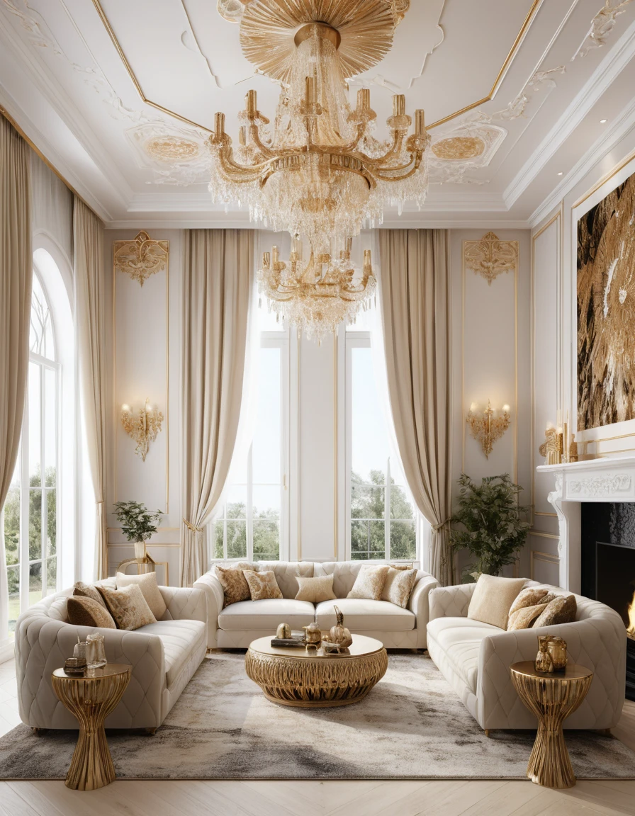 Elegant bohemian living room in creamy beige with bright accents