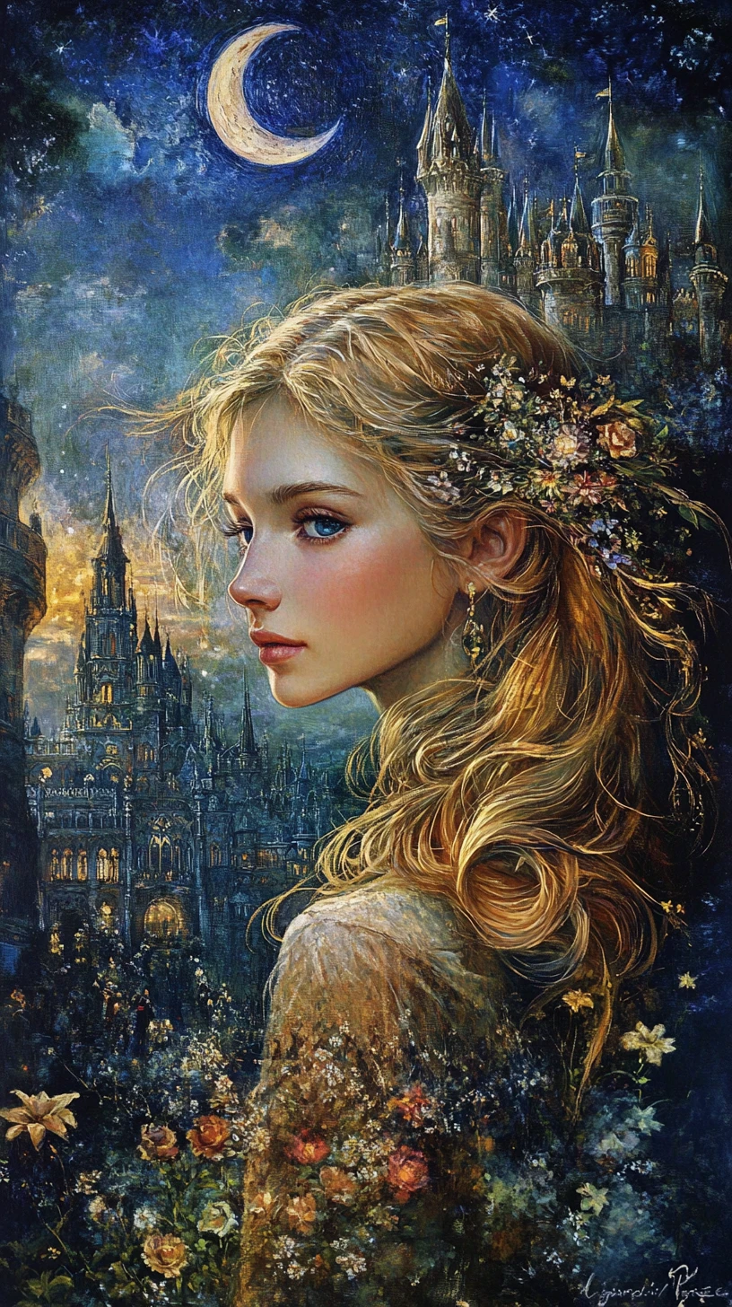 Jovem mulher loira sorridente diante do Castelo de Hohenzollern à noite