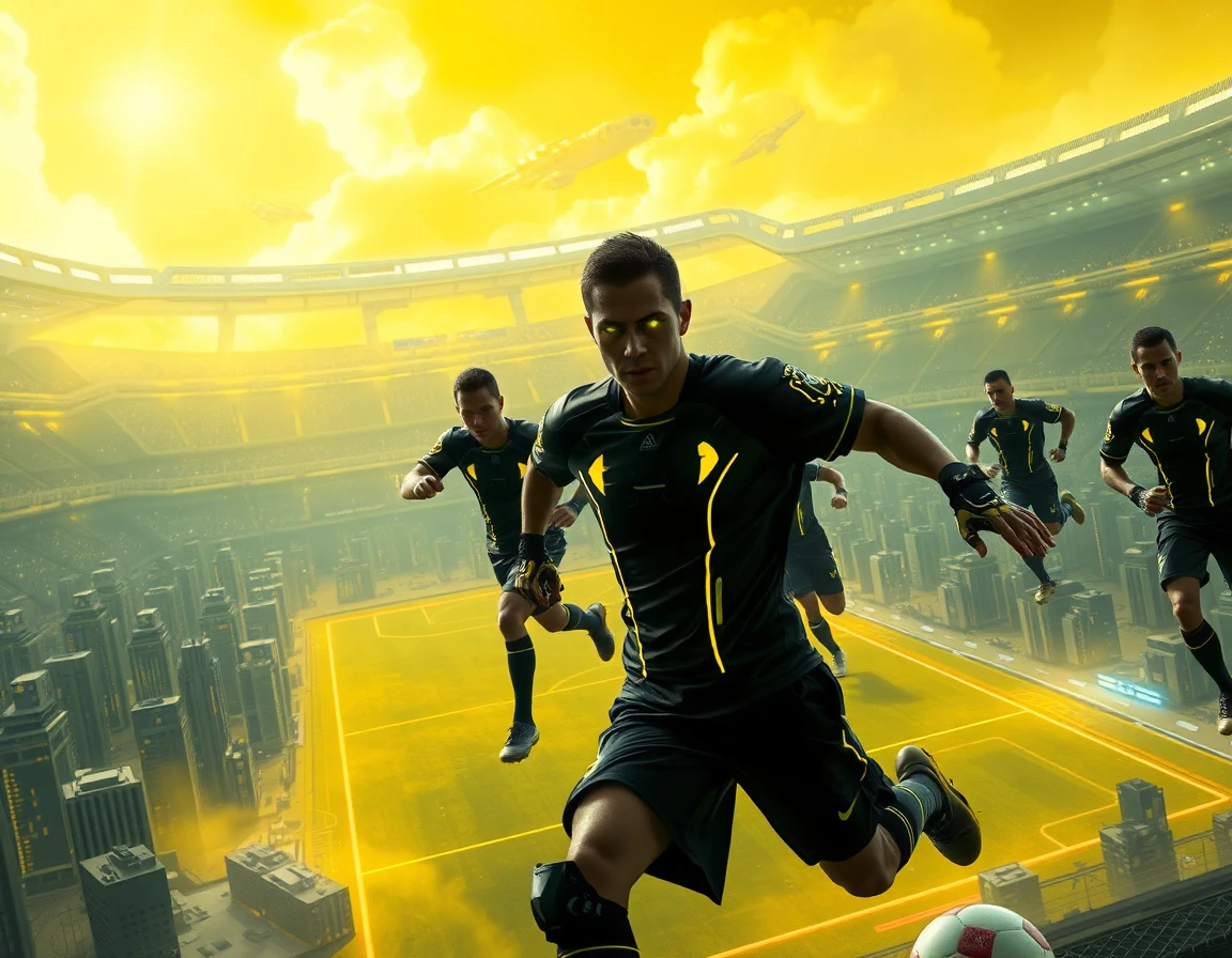 Futuristische Fußballspieler in einem Neon-Stadtstadion