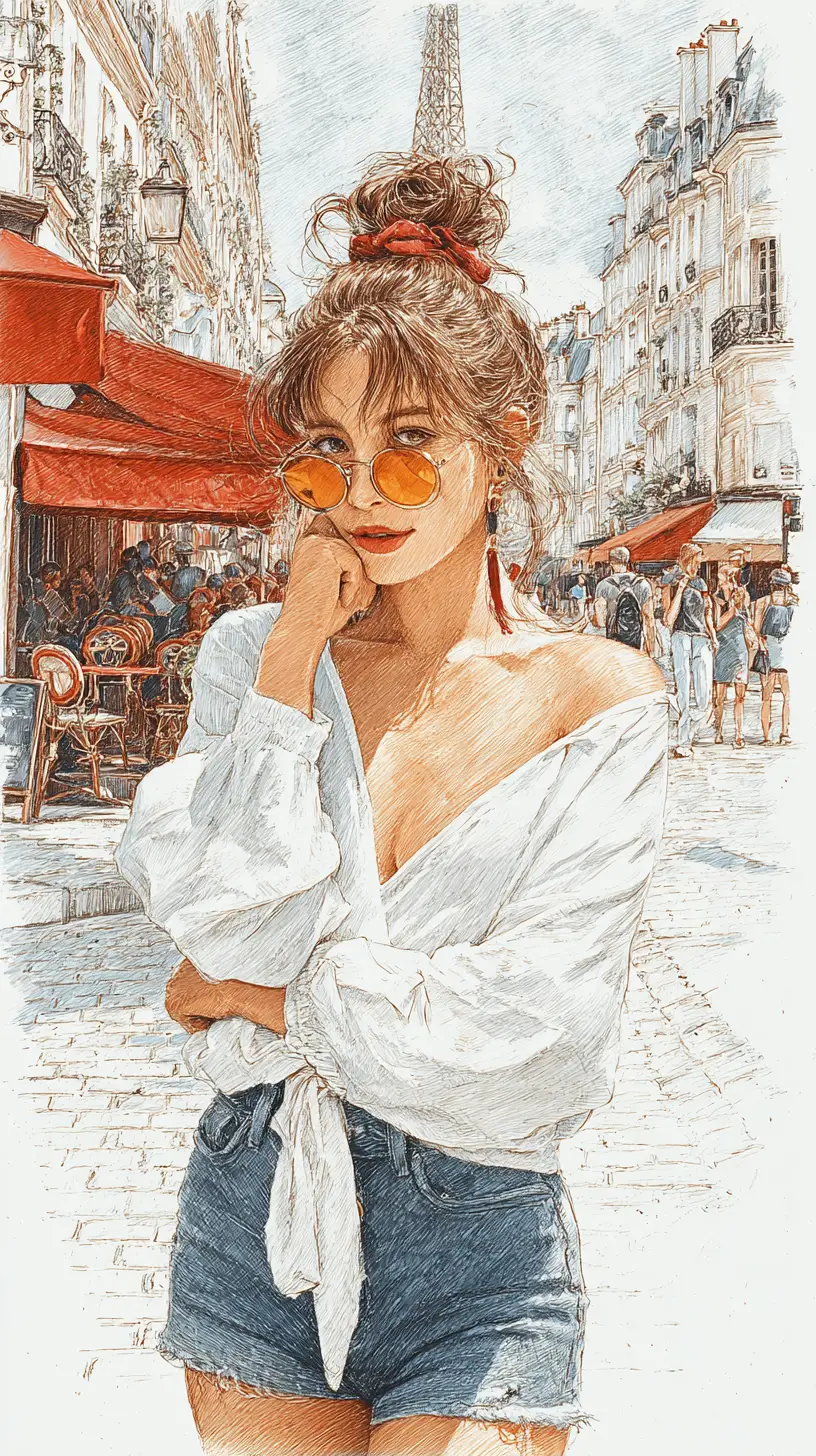 Mulher estilosa em rua de Paris em ilustração de lápis de cor