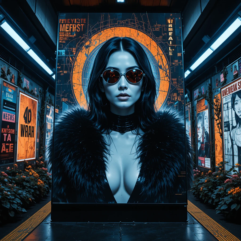 Cyberpunk woman portrait on futuristic metro billboard