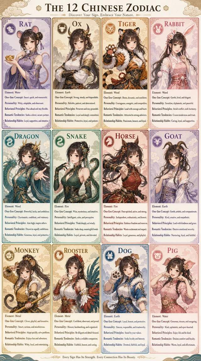 Tabela de personagens do zodíaco chinês com doze variações de animais