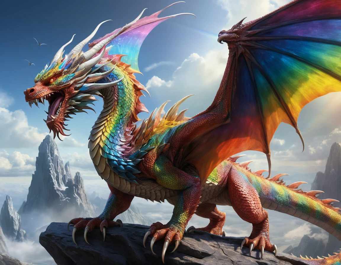 Dragão chinês antigo rugindo sobre um arco‑íris brilhante