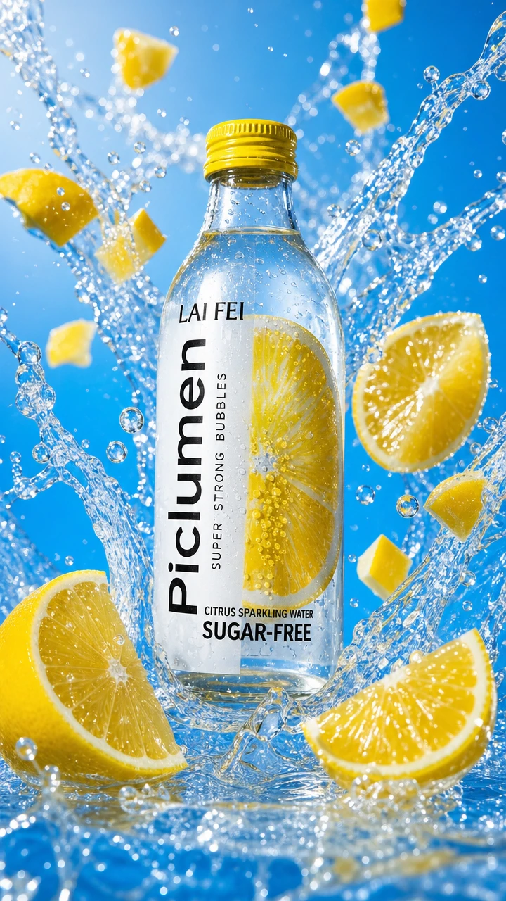 Garrafa de bebida refrescante com respingos de água e frutas