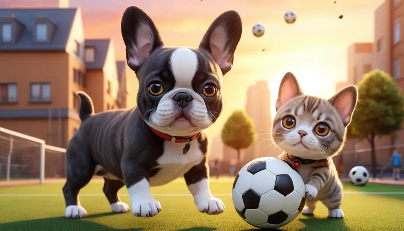 Cute dog and cat playing soccer on city playground