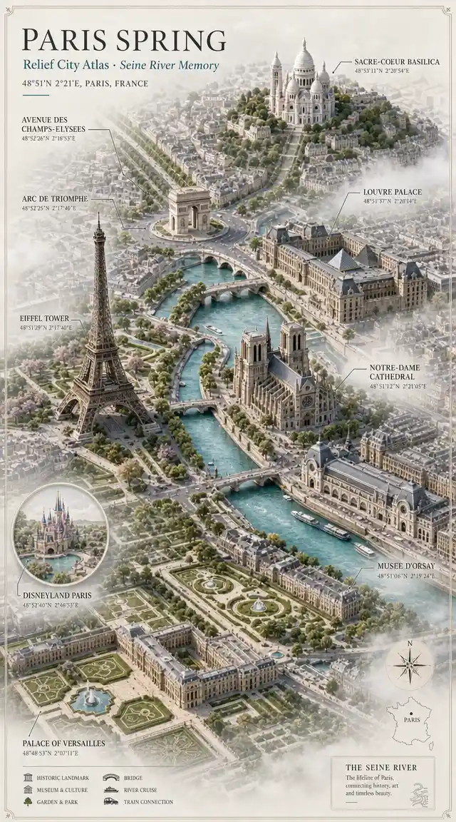 Paris Seine relief city atlas with spring misty skyline