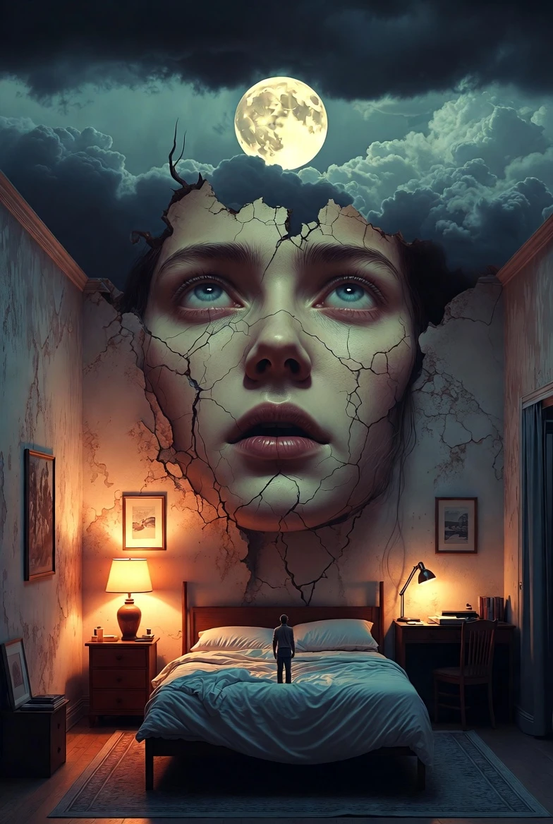 Chambre surréaliste avec visage colossal fissuré et silhouette solitaire