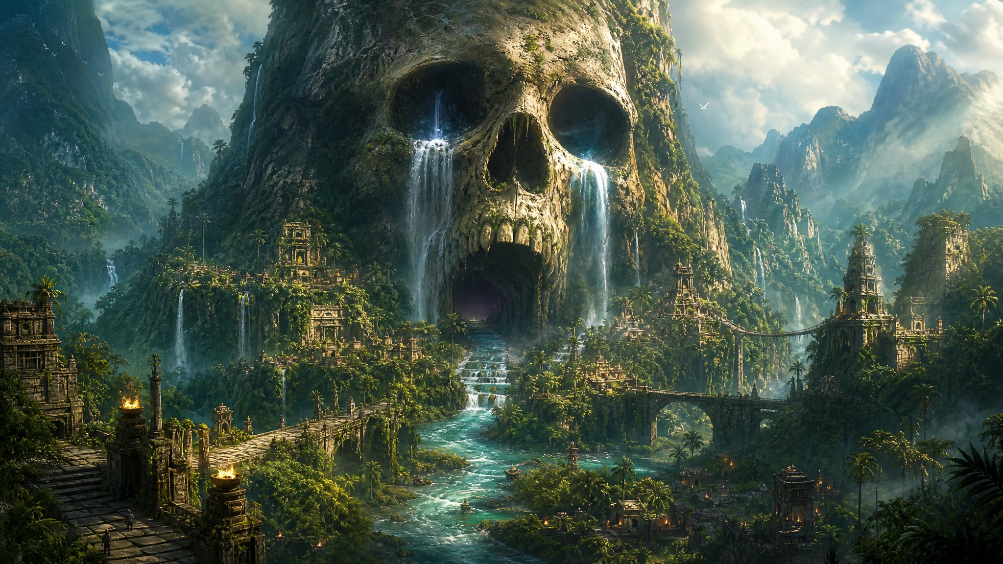 Montagne Crânienne Gigantesque Dominant d’Anciens Villages dans la Jungle