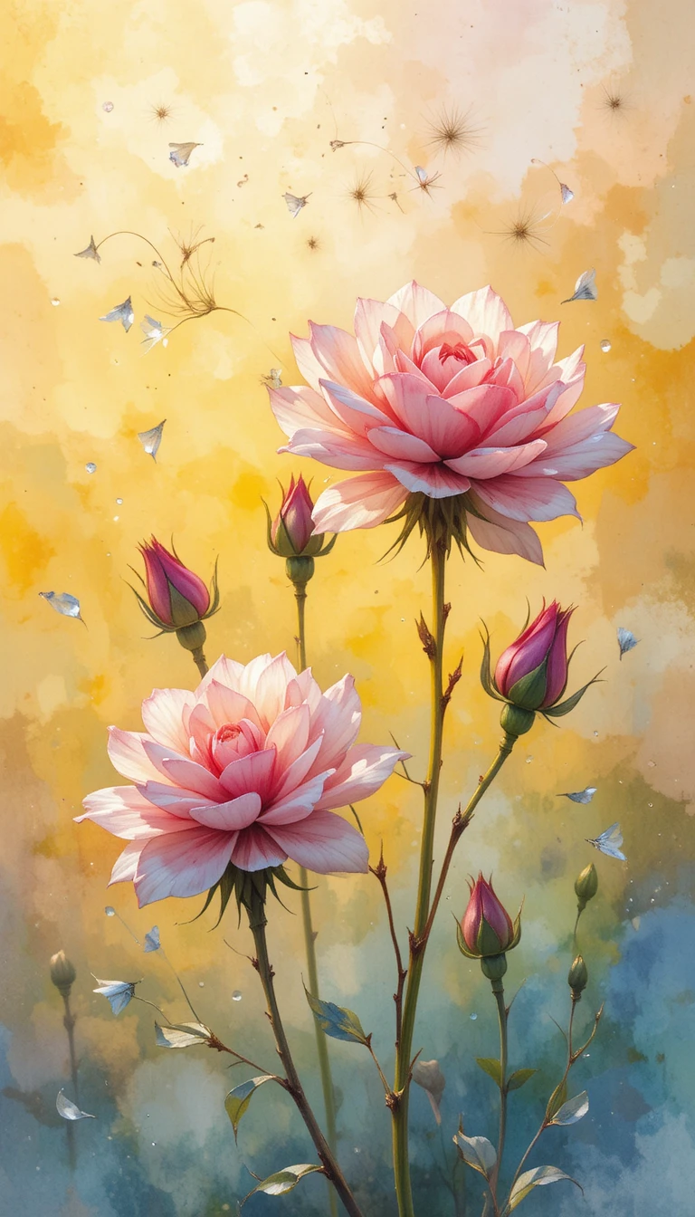 Zarte Aquarellrosen auf leuchtend gelbem Hintergrund