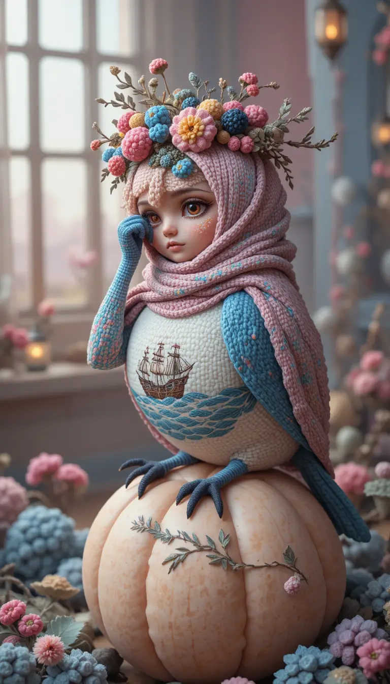 Surrealer Pastellvogel mit Binnenschiff-Meer und schwebender Kugel