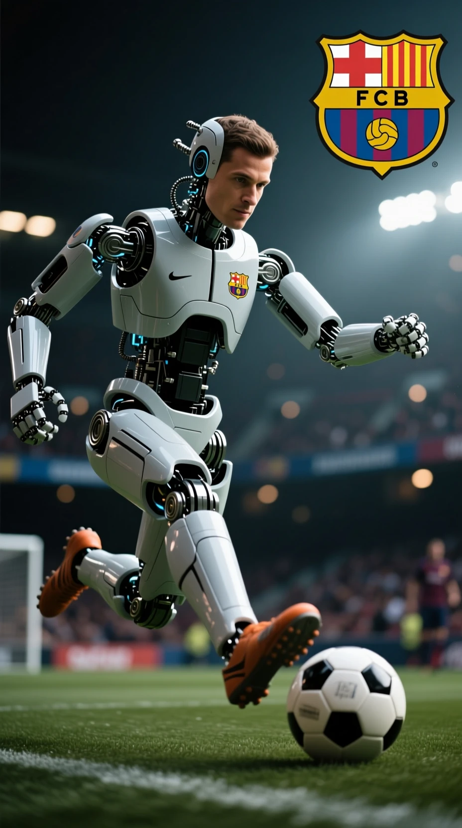 Robô humanoide de futebol chutando a bola em direção ao espectador