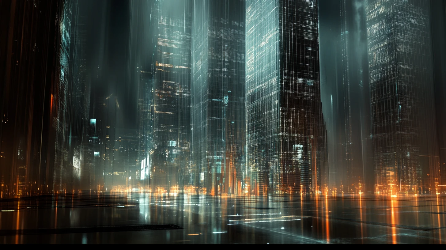 Paisagem urbana futurista com torres rígidas em forma de pétala e corredores