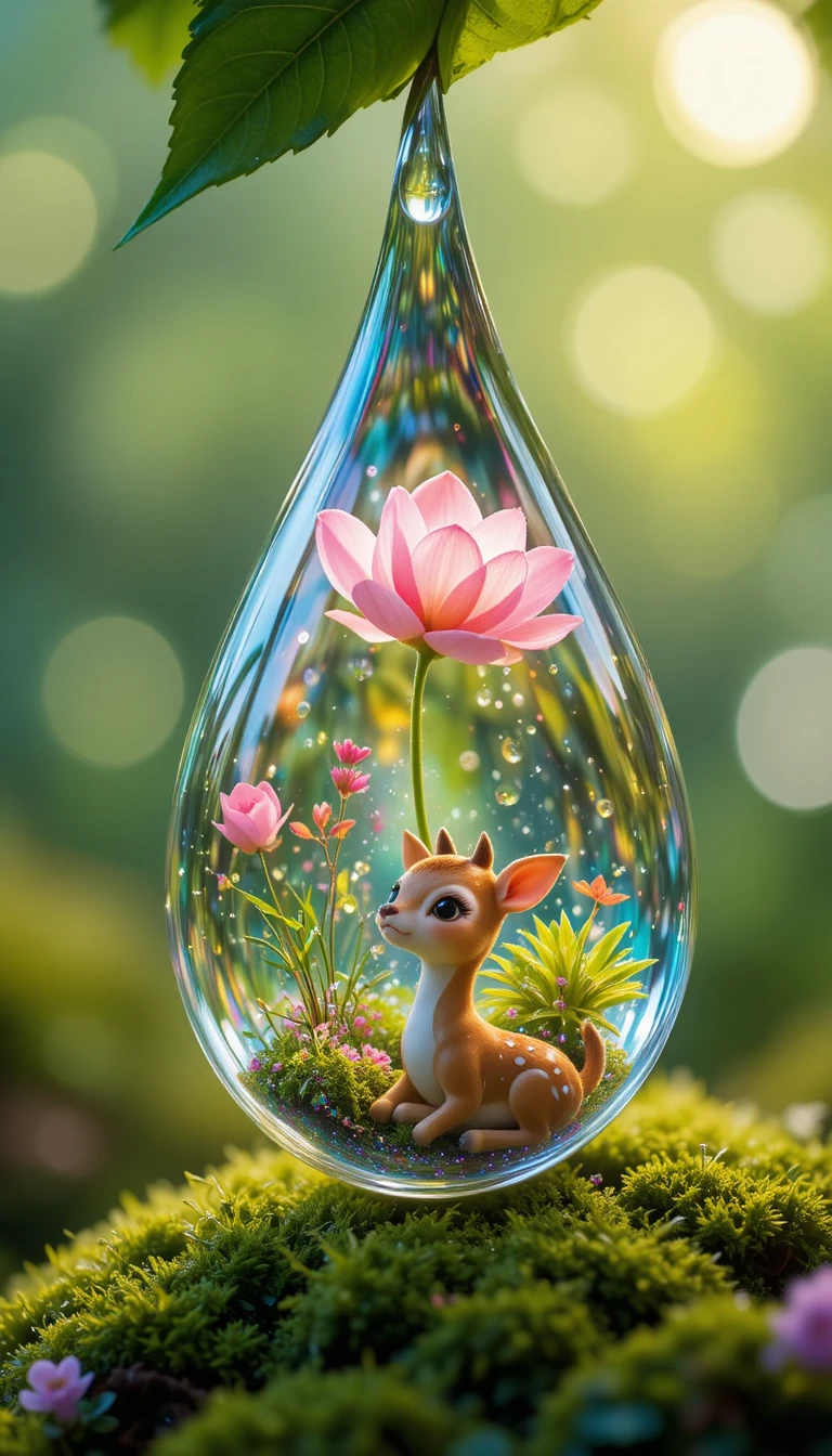 Gros plan macro d’un petit cerf dans une goutte d’eau florale