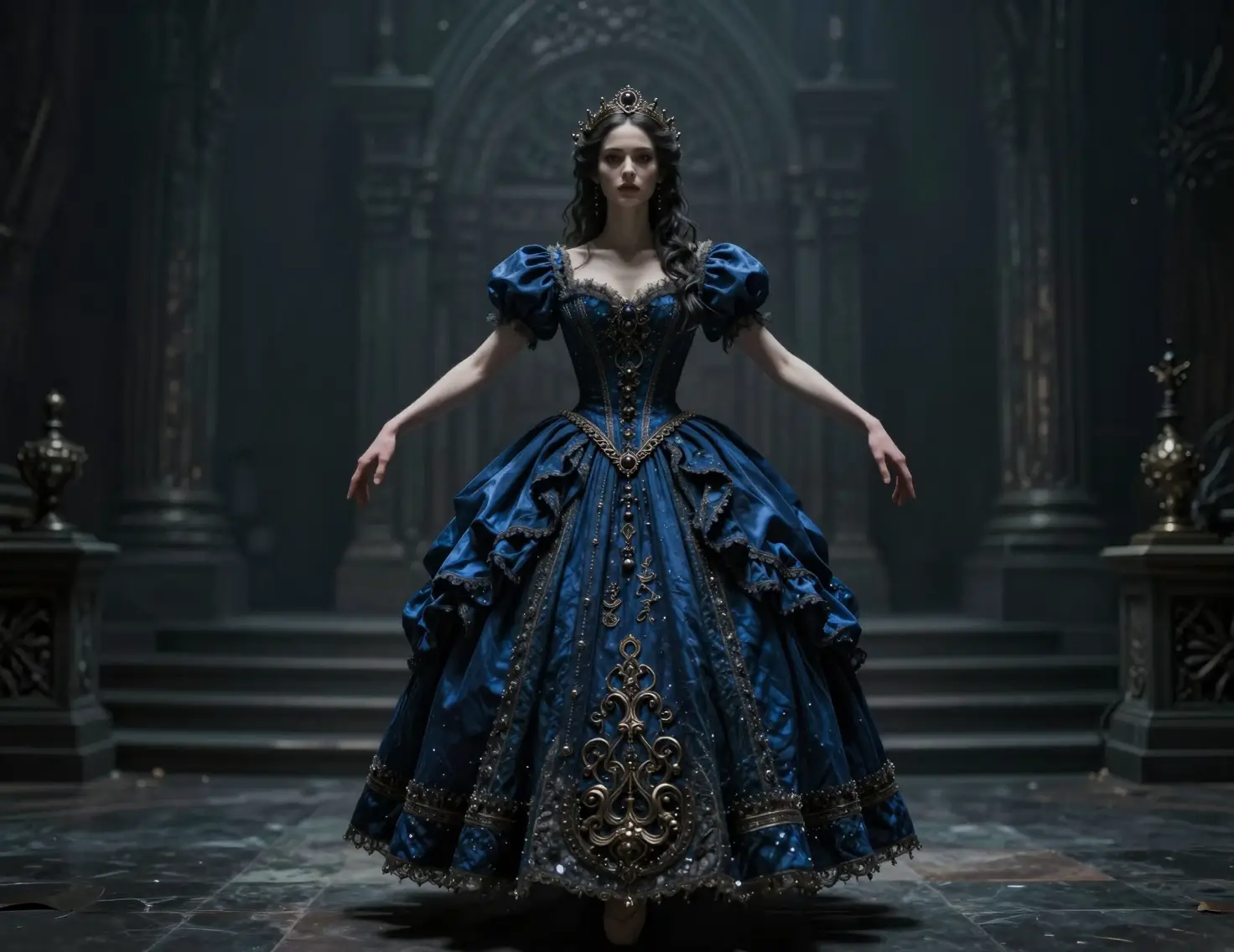 Donna a figura intera cinematografica in scena dark fantasy gotica